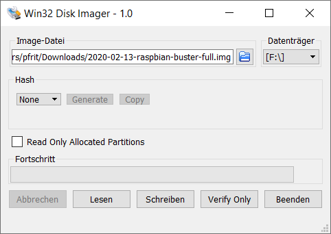 Win32 Disk Imager nach Auswahl